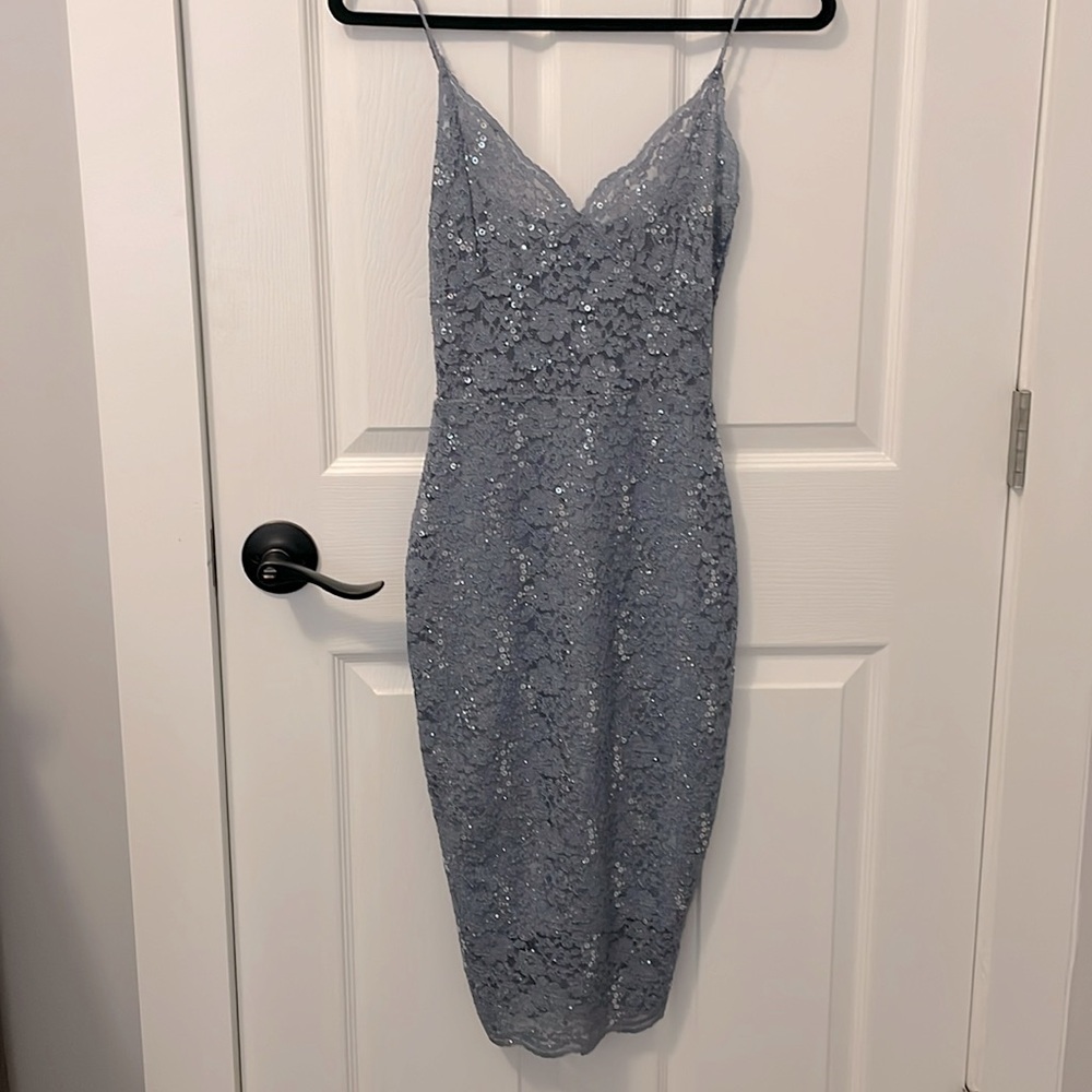 Gray-ish blue midi dress with lace and sparkles